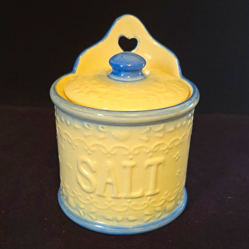 Vintage Cracker Barrel Ceramic Salt Box Cellar Crock Blue White Heart Country